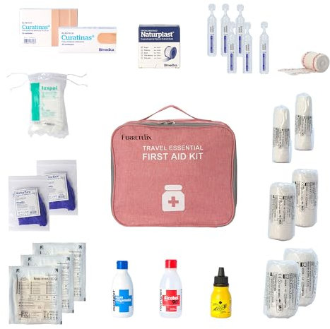 FERRETELIX® Botiquin burdeos neceser primeros auxilios con dotacion 25 cm x 22 cm x 12cm Completo Emergencia, Para Viaje y Acampada, Coche, Supervivencia, Excursión, Montaña, Senderismo, Aventura. F
