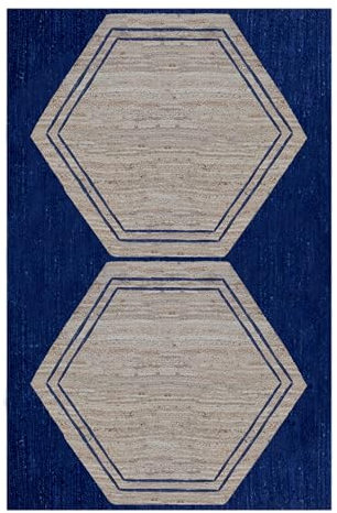 CASAVANI Kelim Teppich, 3 Quadrate, handgefertigter Boho-Teppich, handgewebter Teppich, für drinnen und draußen, geflochtener Teppich, Flachgewebe-Teppich, Beige-Blau, Jute-Teppiche für kleines