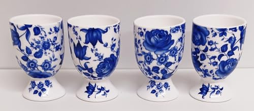 Delft Blue Egg Cups set med 4 fina ben Kina äggserver äggkopp ägghållare blå blommor blommig handdekorerad Storbritannien