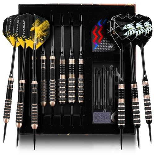 Turnart Jeu de fléchettes en métal – Fléchettes Professionnelles en Laiton avec Pointe en Acier 6 pièces 22/24 g avec étui élégant (Or)