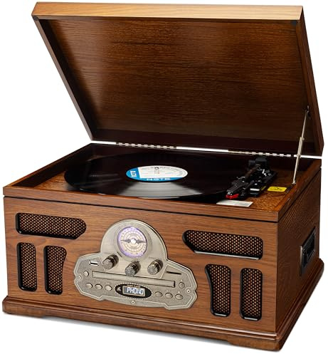 SoundBeast All-in-One Turntable with 3-Speed Record Player, Bluetooth, CD, Cassette Tape, AM/FM Radio, USB, Built-in Speakers, Handmade Wooden Exterior