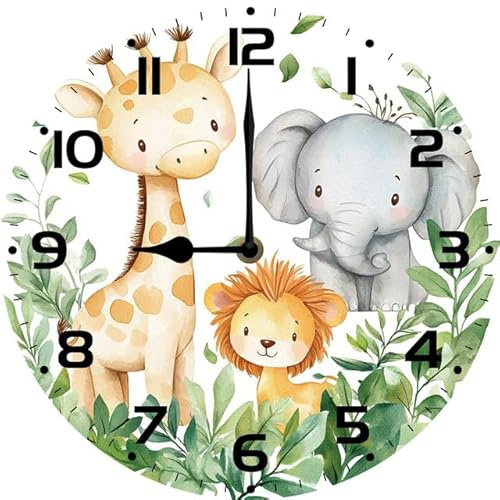 SRongmao Cute Baby Animal Wall Clock Funny Nursery Wood Clock 10inch Silent Non-Ticking Quartz Battery Operated for Living Room Kitchen Bedroom Housewarming