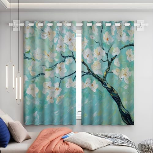 GSAEIMCT Blue Curtains - Apricot Tree Print Pattern Eyelet Blackout Thermal Room Darkening Window Drapes for Nursery Bedroom Playroom 2 Panels W140cm x D229cm