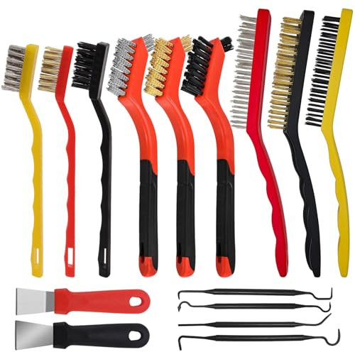 ANBOWEI Petite Brosse Metallique a Main, 15pcs avec Mini Brosse en Laiton et Brosse en Nylon, avec 2 Grattoirs et 4 Crochets à Double pour Nettoyage Cuisinière à Gaz