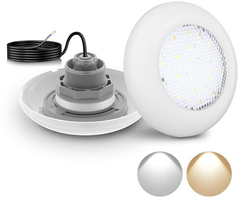LyLmLe Proiettore Piscina LED con Filettatura Esterna 2, 12W Lampade Piscina 2 Colori Selezionabili Bianco 3000K & 6000K, Ø190mm, 12V AC Luce Sommergibile per Piscinas Fuori Terra in Acciaio