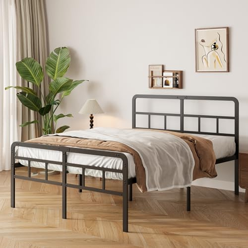 Yicensen 4ft6 Double Bed Frame with Curved Headboard and Footboard, 46cm Height Metal Bed Frame Double with Heavy Duty Slat Support, Underbed Storage Space, Noise Free, Easy Assembly, Black