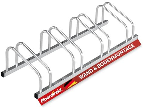 Floordirekt Soporte para bicicletas para 4 bicicletas con anchos de neumáticos de hasta 55 mm, soporte de hierro, para suelo o montaje en pared, 135 x 33 x 26,5 cm (plata)