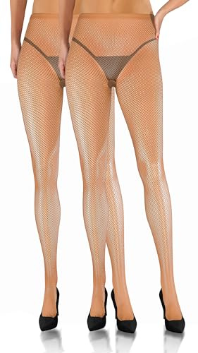 sesto senso 2 Paires de Collants Résille Petits Trous Bas Résille Taille Haute Culotte Partie Bas Résille Beige M/L 3/4 Sabia