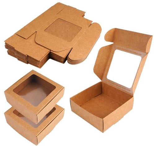 24 Stück Kraftpapier Box mit Sichtfenster, Geschenkbox mit Fenster