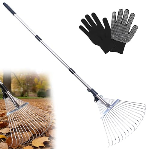 Lövbrott justerbar med handtag, kratta för löv, kratta trädgård, bladharke metall med handskar för trädgårdsarbete rengöring av växter, gräsmatta och gård