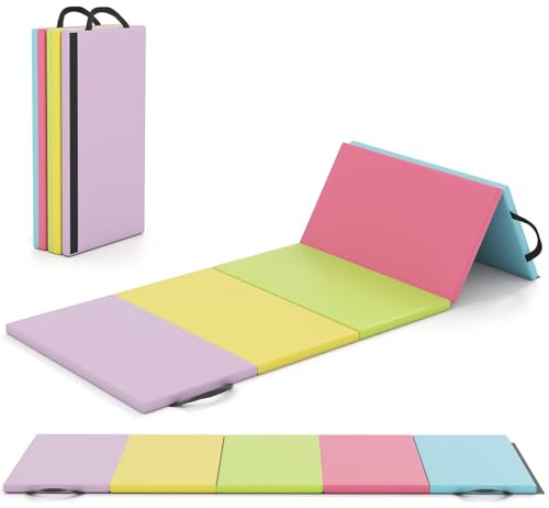 GOPLUS Tapis de Gymnastique 5 Panneaux Pliable, 201 x 75 x 3CM, Attaches Auto-agrippante, Tapis de Gym en PU Portable avec Poignée de Transport, pour Etirements, Arts Martiaux (Macaron|5 Plis)