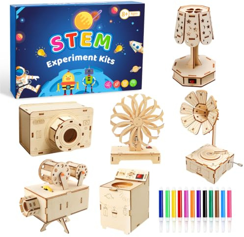 Lot de 6 expériences pour enfants à partir de 8 ans - Kit de construction en bois - Boîte d'expérimentation pour enfants