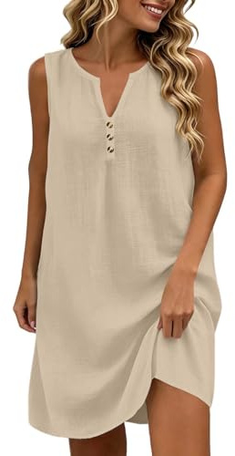 Générique Robe Femme Coton Et Lin Été - Robes Chic Et Elegant sans Manches Col en V Boutonné Robes Décontracté Ample Habillée Ete Fluide Grande Taille Couleur Unie Dress Casual Plage Vacances