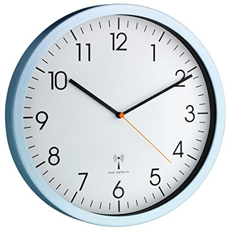 TFA Dostmann Analoge Funk-Wanduhr, 60.3517.55, mit Aluminium-Rahmen, geräuscharm, gut ablesbar, ideale Bürouhr, hellblau,L 305 x B 45 x H 305 mm