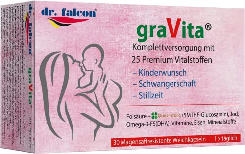 dr. falcon graVita – 25 Nährstoffe für Kinderwunsch, Schwangerschaft und Stillzeit - 30 Kapseln | enthält Folsäure, Quatrefolic, Omega-3, DHA, Vitamin D3 + K2, Jod, Eisen, Selen