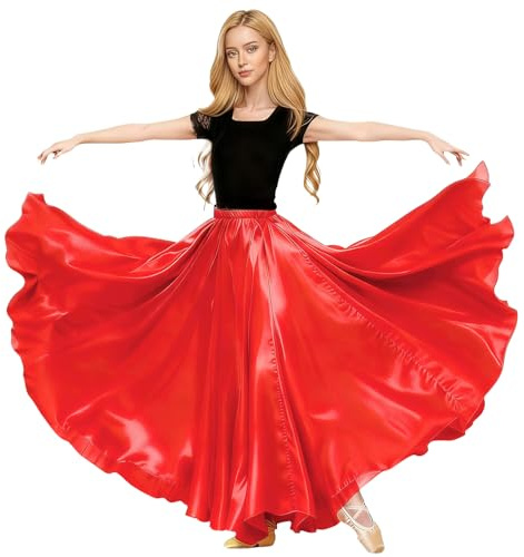 Baisdan - Gonna in Raso per Danza del Ventre, Costume da Festival, Gonna Lunga e Ampia, Rosso, Taglia Unica
