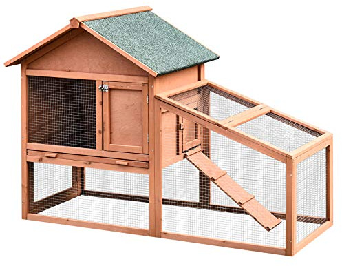 PawHut 2 Tier Rabbit Hutch Outdoor, Guinea Pig Hutch, Solid Wood Bunny House, Water Resistant Asphalt Roof Ramp Sliding tray 144 x 64.5 x 100 cm