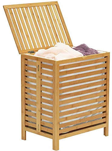 BAKAJI Panier à linge sale pour maison en bois de bambou et tissu récipient peu encombrant avec couvercle et sac amovible Capacité 100 l Dimensions 50 x 35 x 60 cm