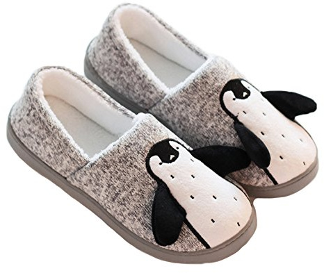 JadeRich Unisex söt pingvin djur hem skor mysiga fleece varma fluffiga inomhustofflor, Grå hälskydd, 37/38 EU