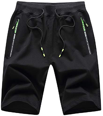 JustSun Kurze Hosen Herren Shorts Sommer Kurze Jogginghose Baumwolle Sweat Sport Shorts mit Reißverschluss Schwarz 3XL