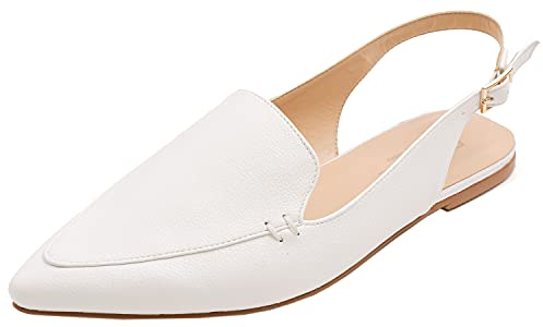 Feversole Dam platt spetsig tå slingback skor dam syntetiskt läder ledig spänne rem skor storlek 3,5–7, Vit korn PU, 37 EU