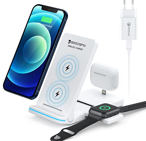seacosmo Vikbar 3-i-1 induktionsladdare för iPhone 15/14/13/12/Pro/Max/Plus, trådlös laddare för Apple Watch Ultra 9/8/7/6/5/4/3, laddningsstation för AirPods 3/2 Pro
