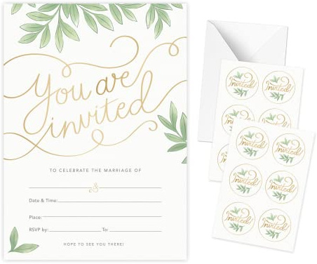 Rileys & Co 50 Pack Wedding Invitation Cards with Envelopes, Bonus Stickers Included, Gold Foil Print & Leaf Design, 5x7, Wedding Invitations with Envelopes and RSVP Cards, Wedding Invitation Kit