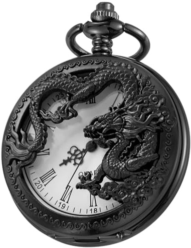 Tiong Reloj de bolsillo vintage de cuarzo hueco de pulpo/dragón grabado personalizado para hombre con cadena, regalos personalizados para cumpleaños, día del padre, boda, Negro Blanco 2, Retro