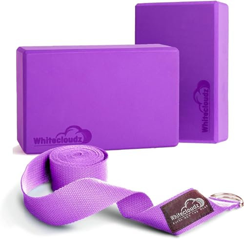 WHITECLOUDZ Yoga Blocks Set of 2 with strap - EVA Foam blocks - High Density YogaBlocks - Premium Design Yoga Bricks x2 Non-slip & Travel friendly - Improve Strength, Balance and Flexibility