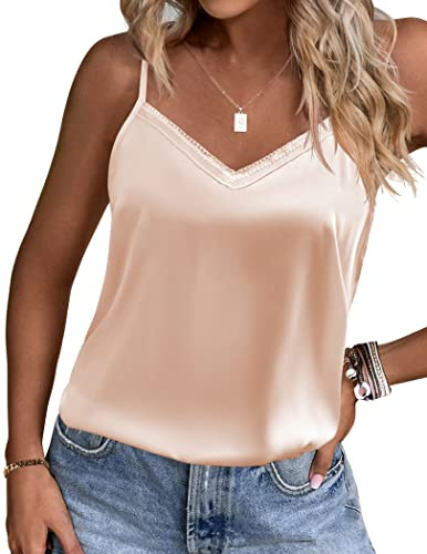 Ekouaer Women's Lace Silk Satin Pajama Tank Tops V Neck Camisole Soft Spaghetti Strap Tops Loose Sleepwear Champagne Large