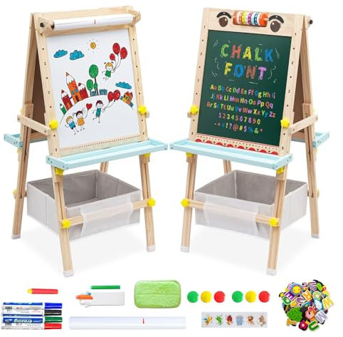 Kinder Tafel Holz Kindertafel Malerei Holztafel|Höhenverstellbar Doppelseitige Whiteboard und Tafel-Staffelei mit Papierrolle,Buchstaben und Zahlen und Anderem Zubehör für Kinder 2-8 Jahren