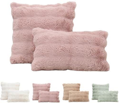 Tospass 2er Set Kissenbezug 40x60 cm Rosa Künstlich Kaninchenfell Kuschelkissen Flauschig Weich Glatt Sofakissen Dekokissen, Deko Wohnzimmer Zierkissen Couchkissen mit Unsichtbarer Reißverschluss