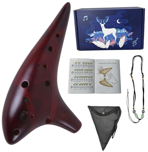Mulucky 12 Loch Okarina Instrument für Anfänger, Alt C Keramik Okarina mit Liederbuch, Gurt, Reinigungstuch und Geschenkbox - Braun