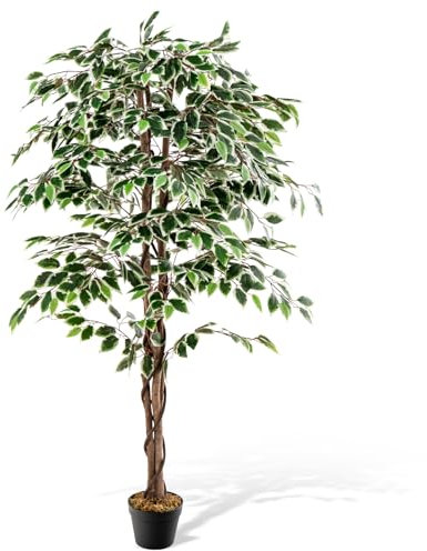 COSTWAY Albero di Fico Artificiale 160 CM, Pianta Finta da Interno con 1008 Foglie, Tronco Naturale in Legno, Vaso Robusto, Muschio Secco, Albero Finto per Casa, Ufficio, Soggiorno, Portico