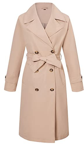 RISISSIDA Women Trench Coats Loose Fit, Double Breasted Spring Fall Water Resistant Thin Long Jacket Belted Overcoat,Beige,L