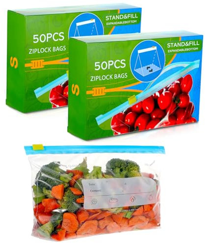 100 Pcs Reusable Sandwich Bags (1L), Zip Lock Freezer Bags with Widen Bottom for Soup, Fruits, Vegetables, Meat, Grains, Snacks