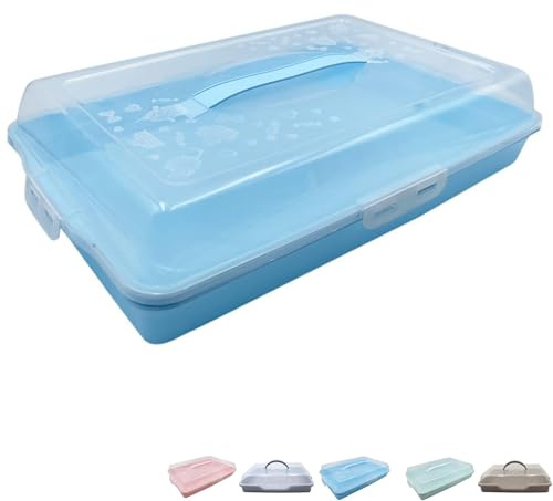 VIRSUS Porta Torte RETTANGOLARE in plastica, misura 43x30x10 cm, Contenitore con coperchio trasparente, portatorte 4 chiusure di sicurezza, per la conservazione di dolci e torte -6778F (Azzurro)