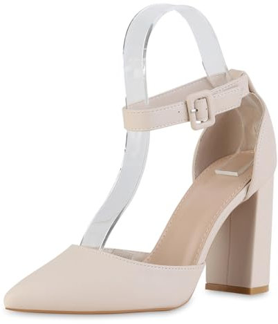 VAN HILL Damen Spitze Pumps Blockabsatz Basic Klassisch Schuhe 216273 Beige 39