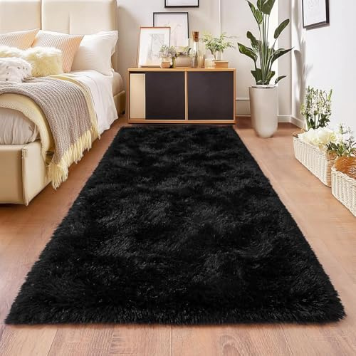 BSGIFT matta med hög lugg 80 x 150 svart fluffig, lurvig lång lugg matta löpare halkfri modern hög lugg matta sängmatta mattor för sovrum vardagsrum