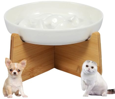 Cuenco antiglotón para gato de cerámica para gato elevado con base antideslizante, laberinto interactivo antiglotón, pequeño perro, plato de dieta para alimentación lenta, color blanco