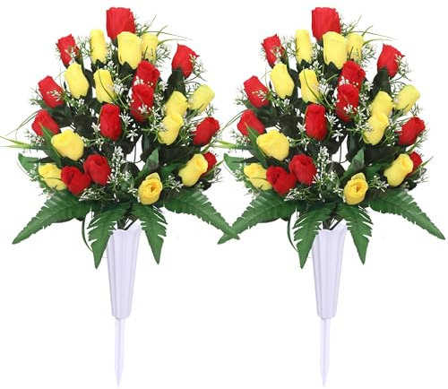Lodou Artificial Cemetery Flowers,Outdoor Grave Decorations Roses,Arrangements Bouquet with Cemetery Vase, Silk Flowers for Long-Lasting Remembrance (Red Yellow)