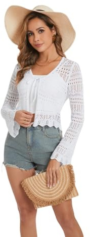 Dosieyeo Cárdigan de punto para mujer de ganchillo con cinta de lazo delantero con cuello en V, chaqueta de manga larga, corte ligero, cubierta de playa