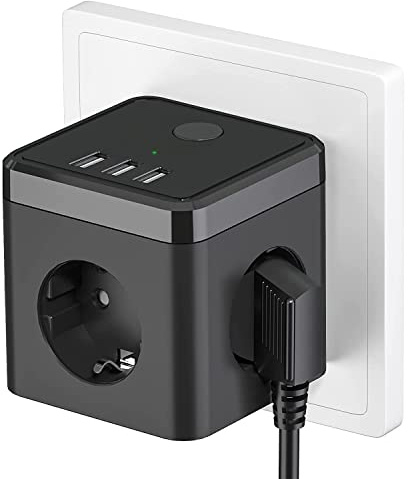 USB Steckdose, Steckdosenadapter 6 in 1 Doppelstecker für Steckdose mit 3 USB - Schwarz
