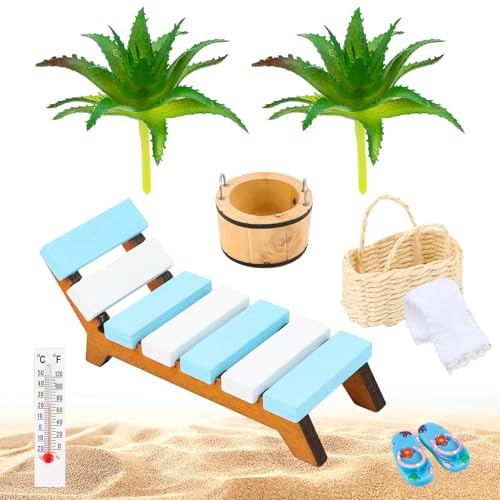 Accessoire de sauna miniature - 9 pièces - Accessoire de décoration de bien-être - Décoration de plage et de mer - Mini chaise longue micropaysage pour accessoires photo et bricolage - Plage et jardin