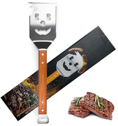 Grillspatel i rostfritt stål, 7-i-1 multifunktionell grillspade med trähandtag, praktisk spatel kök för grillning, kreativa grilltillbehör män