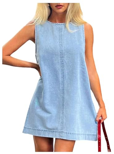 Milumia Women's A-Line Sleeveless Crew Neck Denim Dress Loose Casual Mini Jean Dresses Blue Small