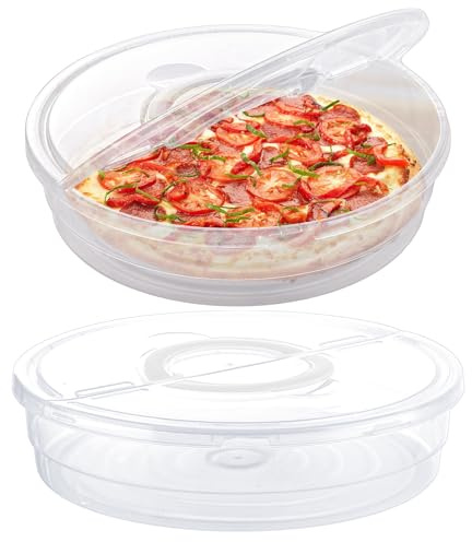 LDXDRU 2 Pack 12 Inch Plastic Cake Pizza Storage Box with Lid, Clear Food Storage Container with Handle & Divider, Portable Cupcake Dessert Carrier Round Pie Pizza Carrier for Food Cake - 8.5cm Height
