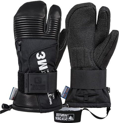 Harssidanzar Guantes de esquí de cuero para invierno Three Fingers,guantes térmicos impermeables de piel de cabra para snowboard para hombre y mujer KM067EU,Negro,Tamaño L