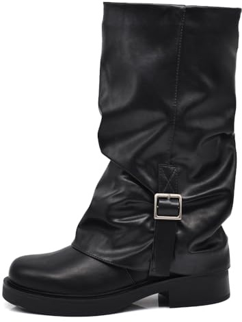 IF Stivali da donna con risvolto slouch e fibbia decorativa stile biker retrò in pelle sintetica MP2744-6 Nero N.38