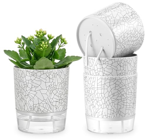 4 Pezzi Vasi per Piante Aromatiche da Esterno, 14cm Vaso per Piante da Interni Moderni, Vaso per Basilico con Fori di Scarico, Fioriere Auto-irriganti con Serbatoio Trasparente, Crepe da gelo